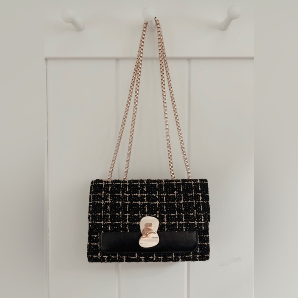 Tweed Black and Gold Handbag Chain Crossbody Shoulder Bag Clutch Small Handbag